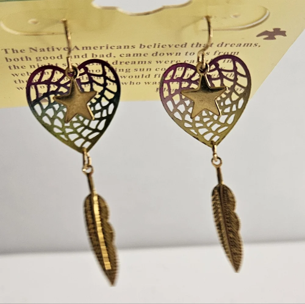 Dream Catcher Earrings Gold Heart Multu-Color- Feather Drop - Picture 2 of 2